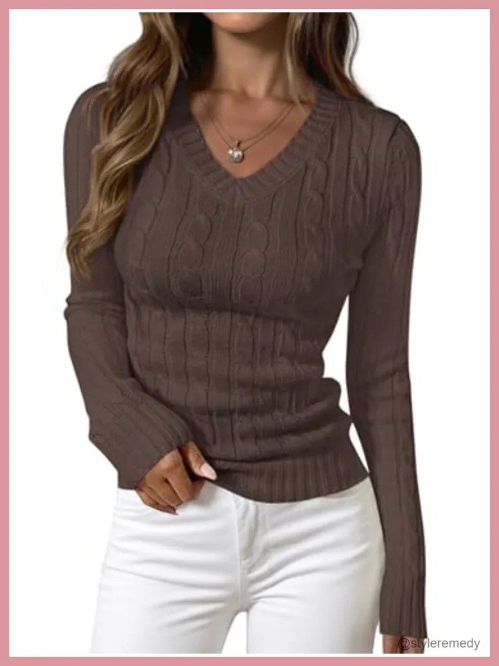 PRETTYGARDEN Cable Knit Sweater for Women V-Neck Long Sleeve Slim Fit Pullover